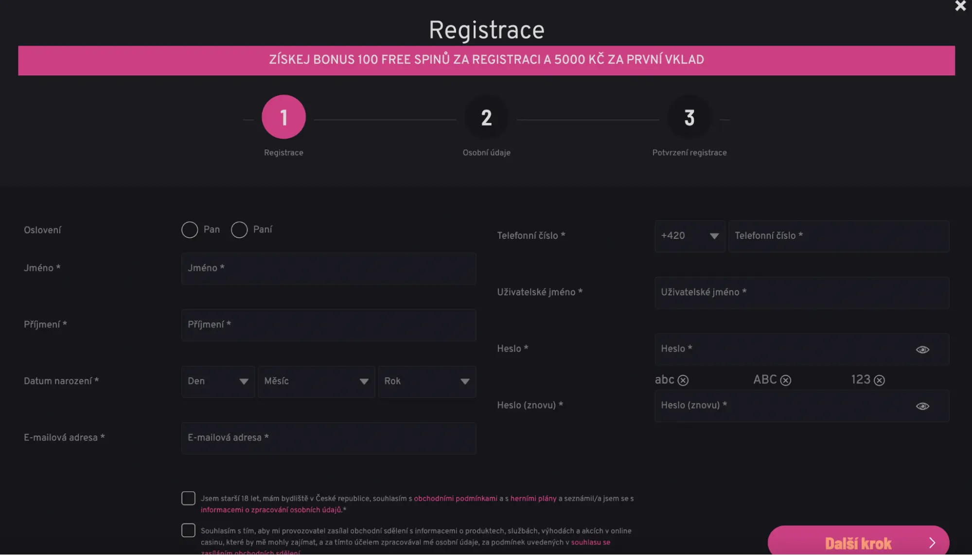 Apollo Games registrace – formulář pro získání bonusu a free spinů. Registrační formulář Apollo Games – vyplnění osobních údajů pro získání 100 free spinů a bonusu 5000 Kč.